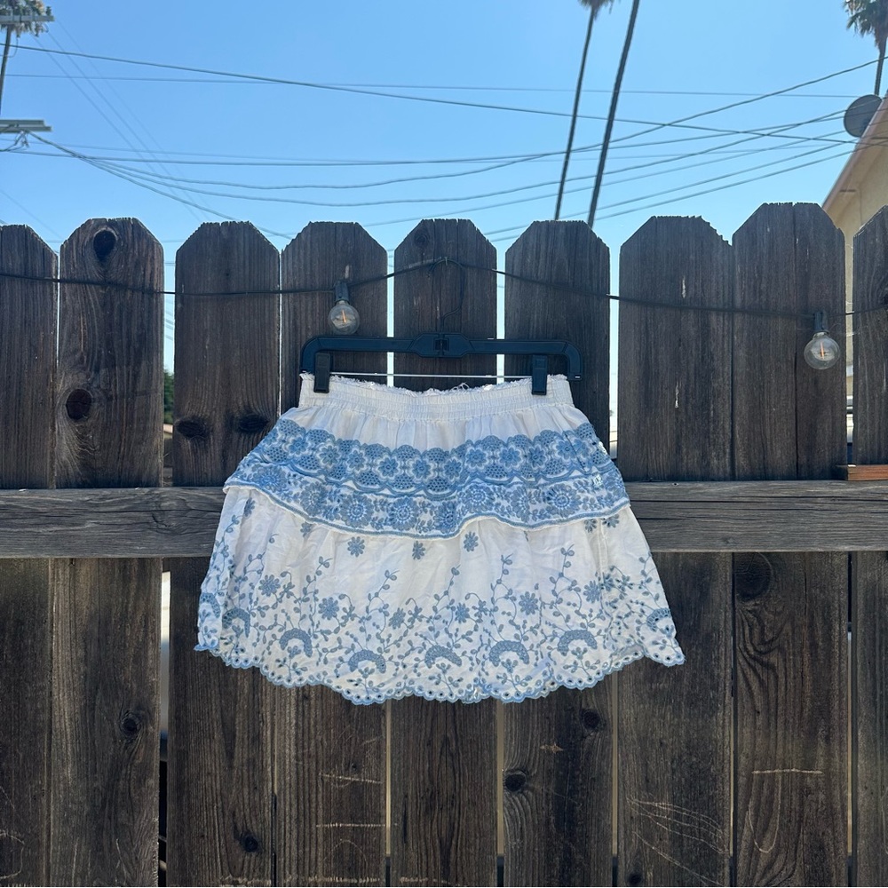 LoveShackFancy Blue and White Mini Skirt